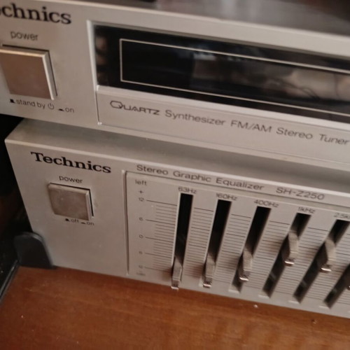 Hi Fi sound system with Technics multi CD player, Sony pick up, Denon amplifier, tuner, equalizer, and Sansui deck used