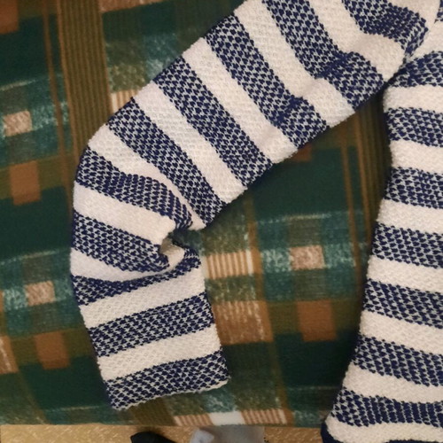 Striped cardigan used, blue and white, fits small and medium