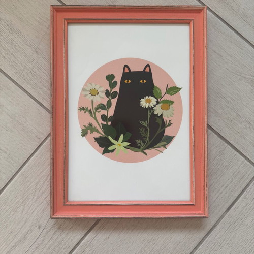 Black Cat Print with Wooden Salmon Frame new