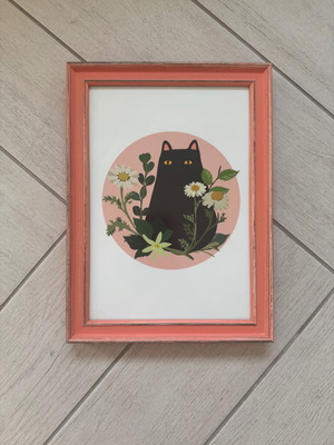 Black Cat Print with Wooden Salmon Frame new