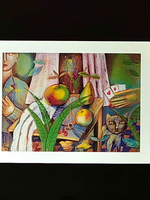 Vintage art print "Composition with Fruit, Cat and Playing Cards" by Vasilis Sperantzas, like new