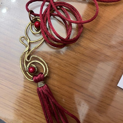 Handmade long necklace with silk cord new, red and gold