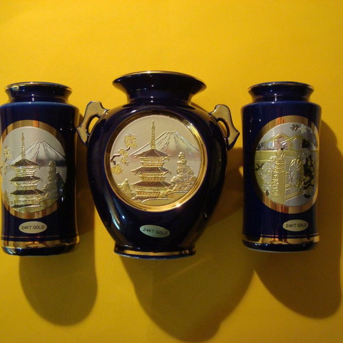 Vintage Chokin 24K Gold Edged vases used, set of 3, made in Japan