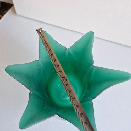 Decorative tulip-shaped ornament made of green matte glass with clear base like new