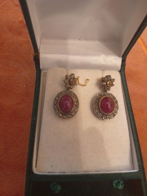 Antique earrings 9k gold and 925 silver with ruby cabochons and diamonds