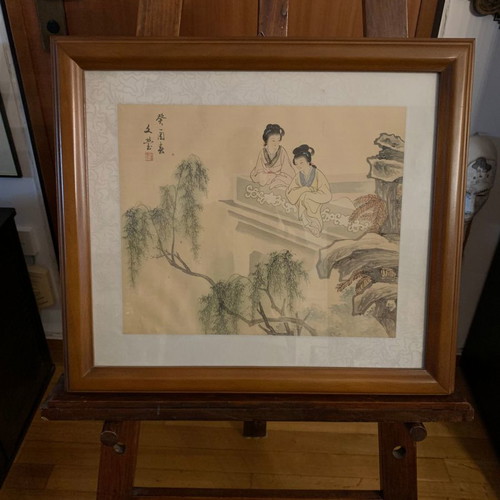 Silk painting used with geishas in wooden frame