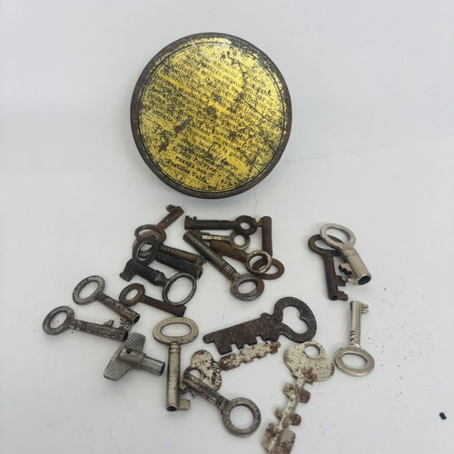 Lot of 17 small antique skeleton keys used with French metal lid
