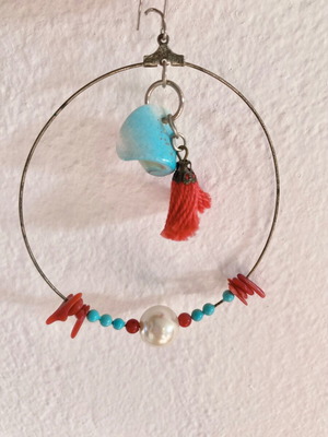Handmade silver earring with coral, shell and tassel