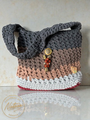 Handmade knitted shoulder bag with decorative element, new
