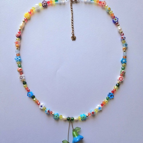 Floral Garden Handmade Necklace colorful, gold accents