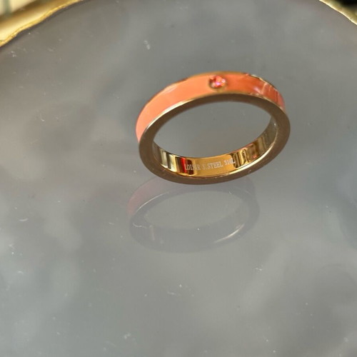 Loisir stainless steel ring with coral enamel and zircon like new