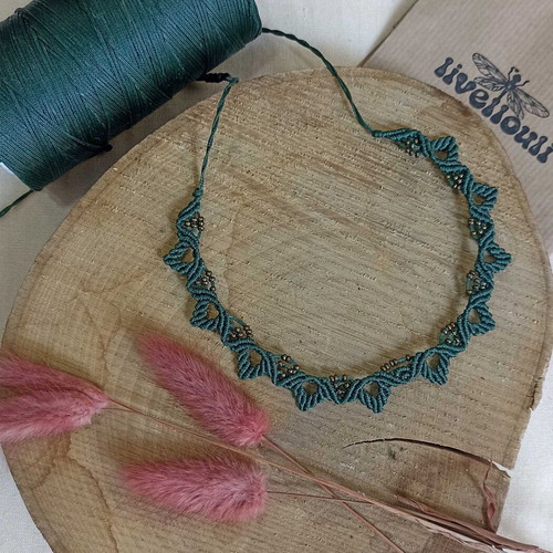 Macrame green necklace new handmade with brass beads