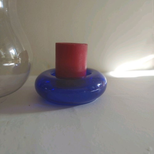 Glass blown candle holder with blue base and windproof, new