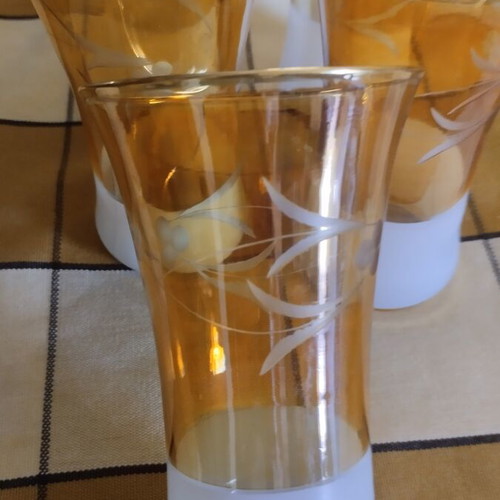 Vintage glass set of 5 with amber glass and white satin base like new