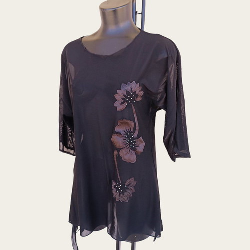 Black transparent blouse with black flower design and strass used, size L