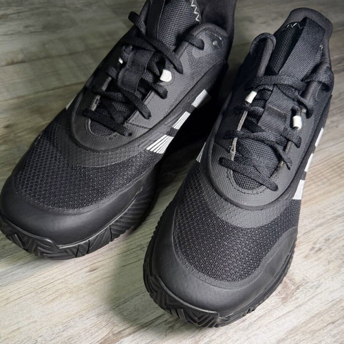 Adidas athletic shoes black mesh with white three stripes, men's size 10 US