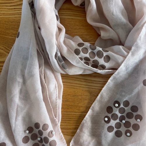Large women's viscose scarf with pearls, beige and brown