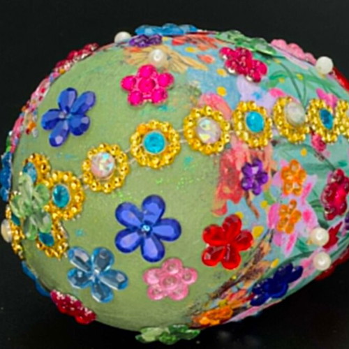 Handmade decorative plastic egg with floral design and beads, new
