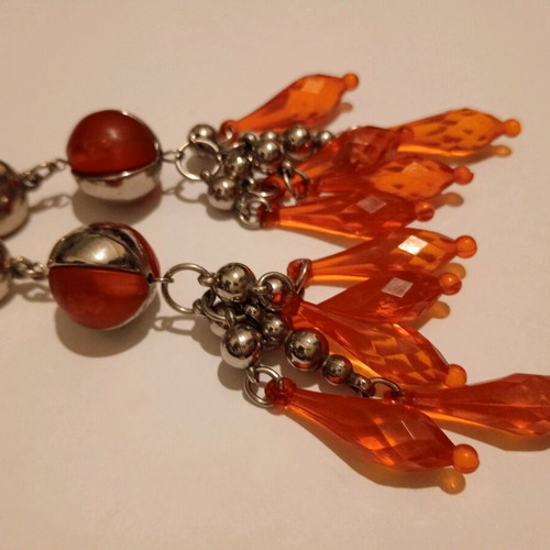 '90s Vintage Long Earrings Used, Orange and Gold Colors