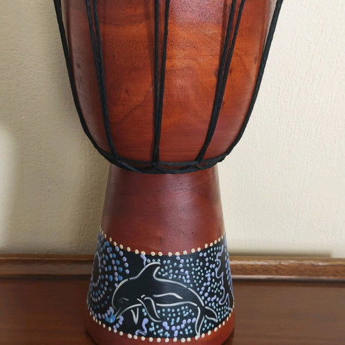 Djembe drum with dolphin dot art design, 30cm