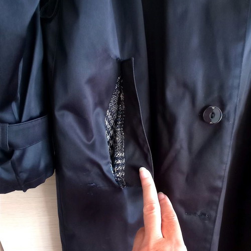Trench coat classic used, black gabardine with warm lining, size 48