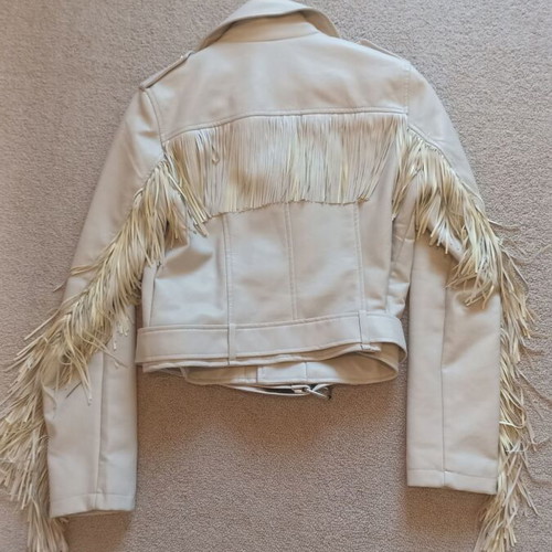 Women's jacket beige size L like new with side zipper and fringes