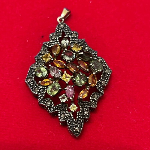 Pendant 925 silver gold 9K with diamonds and semi-precious stones used
