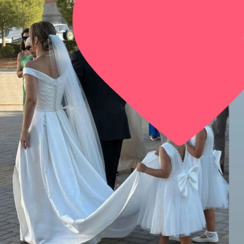 Demetrios wedding dress like new, ivory satin, off-shoulder, size S