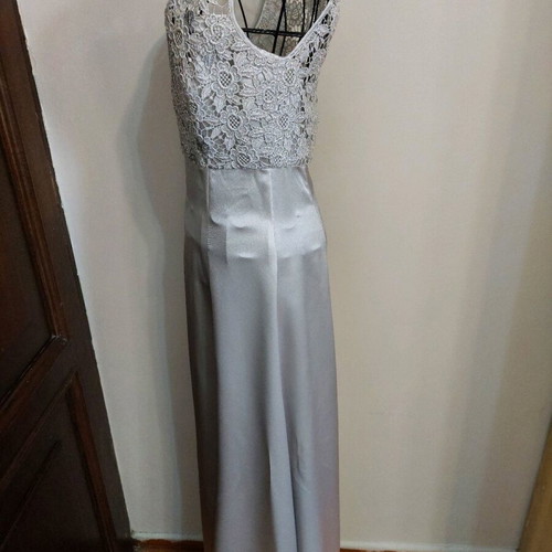 Formal long evening dress silver lace and satin small like new