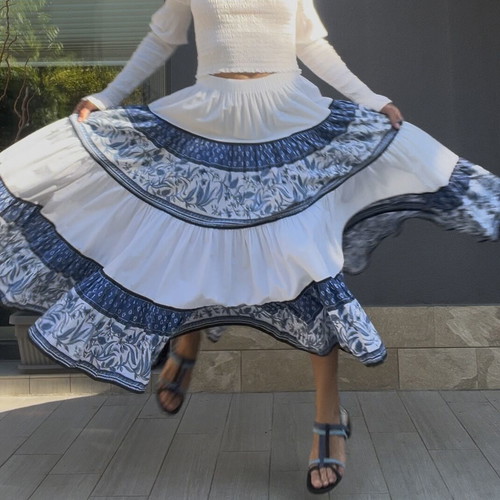 Vintage Parisian Tiered Maxi Skirt blue and white floral like new