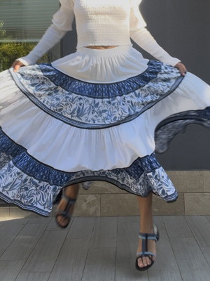 Vintage Parisian Tiered Maxi Skirt blue and white floral like new