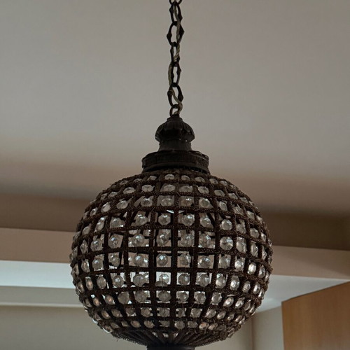 Vintage ceiling lights used, handmade bronze with crystals, set of 2
