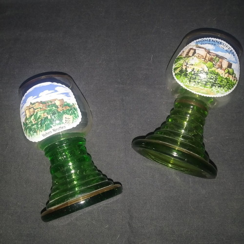 Vintage German Roemer shot glasses with Hohen-Neuffen castle design, set of 2