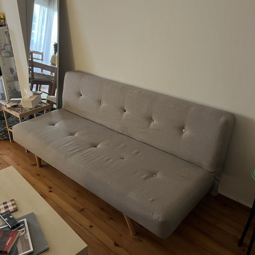 Sofa three-seater gray used with light stains