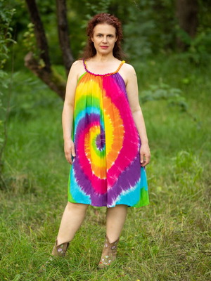 Цветна рокля tie-dye с мъниста нова, свободен размер до 4XL