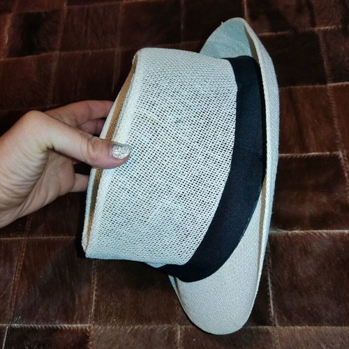 Paper hat used, white with black fabric detail, size 58
