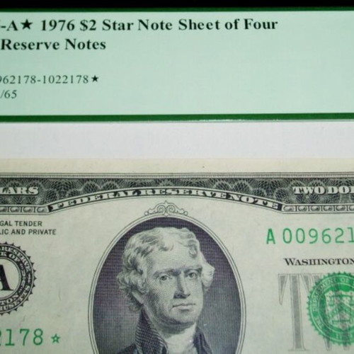 1976 $2 Star Note Uncut Sheet of Four Very Choice New PCGS 64PPQ