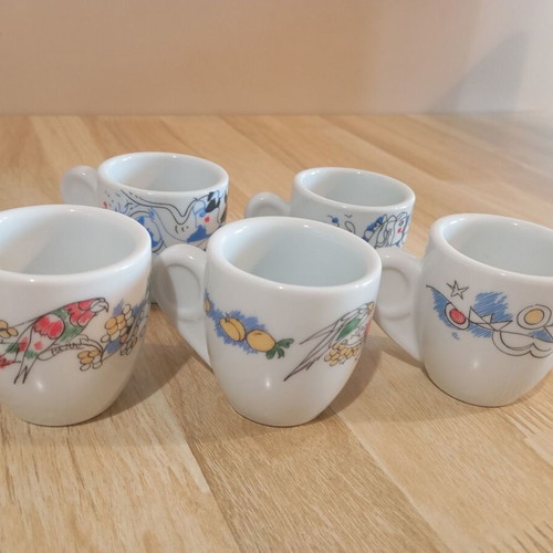 Loumidis Coffee Cups Set of 5 with Saucers, Like New, Signed by Dimitris Mytaras