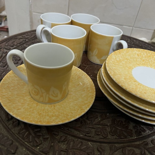 Ionia Ellas coffee set 6 saucers 5 demitasse cups Happy Day series like new