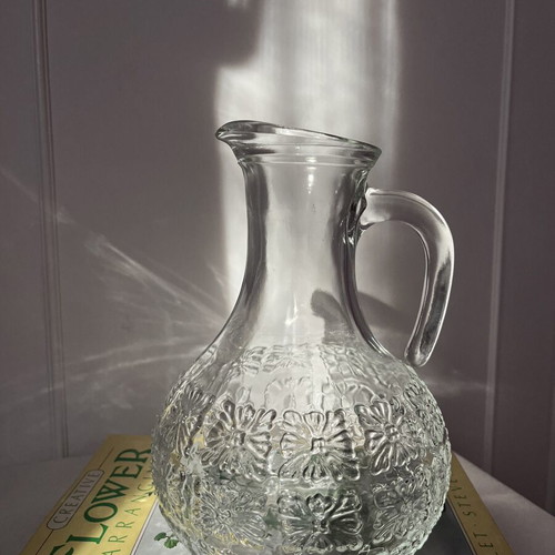 Vintage Glass Carafe 70s with Embossed Daisy Pattern Made in Italy