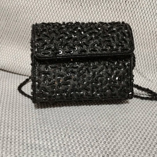 Evening bag-jewel with handmade beads and long handle new black