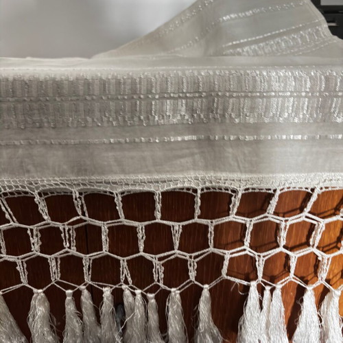 White Tsevres table runner with silk thread embroidery