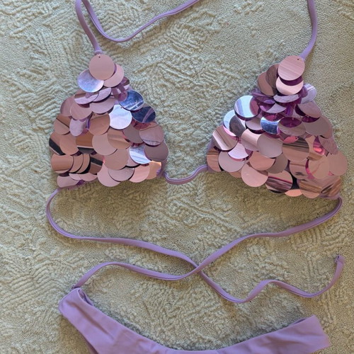 Purple sequin bikini swimsuit new, handmade with gold sequins