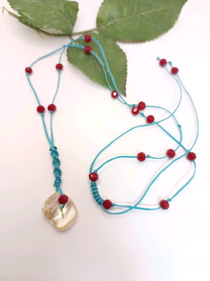 Handmade macrame necklace with red crystals and Mother of Pearl motif new