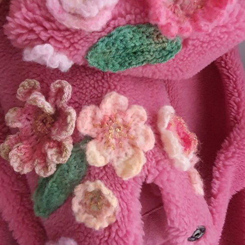 Coat new with crocheted handmade flowers pink S-M
