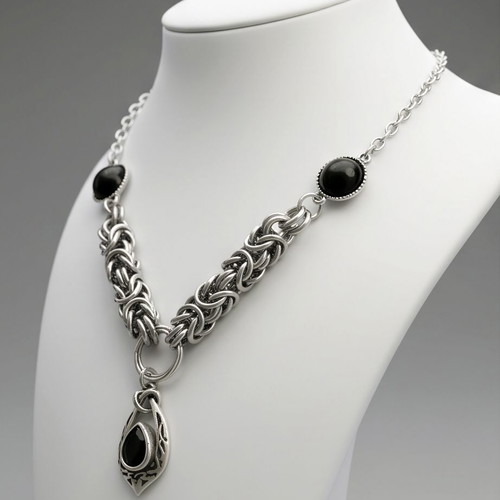 Steel Chainmail Necklace with Black Onyx Adjustable 40-50 cm