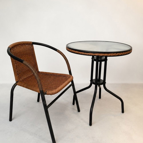 Outdoor table set with 2 chairs used, metal frame and glass top