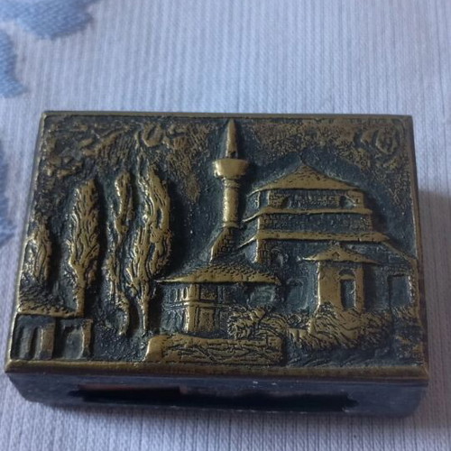 Brass ashtray and matchbox set used