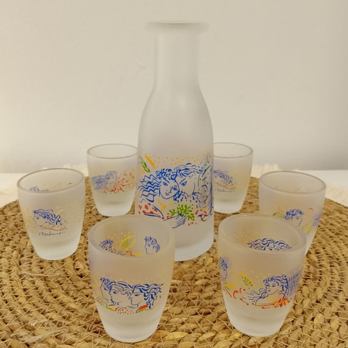Serving set with carafe and six shot glasses decorated by Giorgos Stathopoulos, like new
