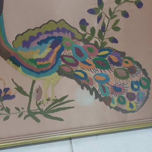 Asymmetrical embroidered paintings with peacocks used, set of two